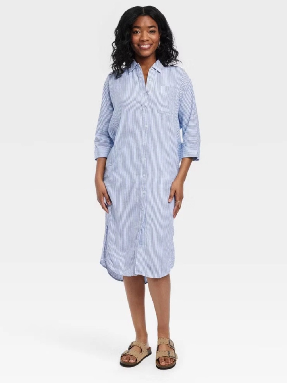Universal Thread 3/4 Sleeve Blue & White Pinstripe Button Midi Shirt Dress NWT L